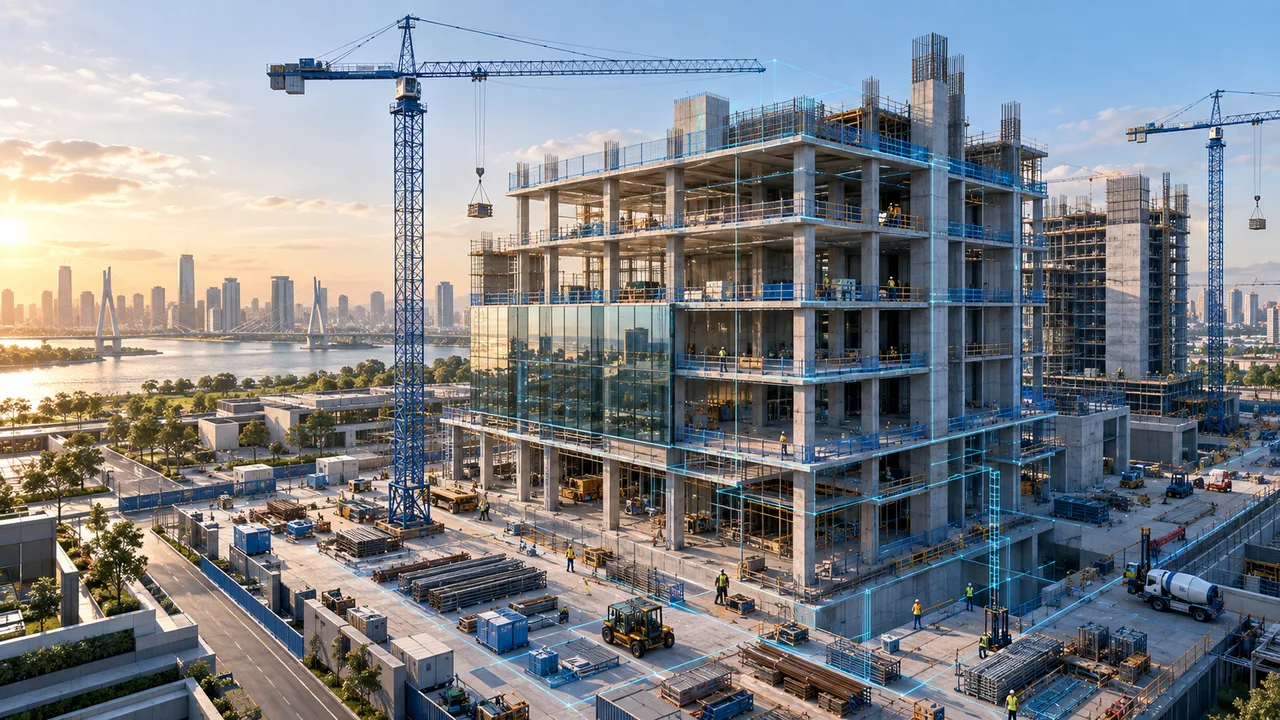 A modern construction project with cranes and subtle digital blueprint lines connecting the structure